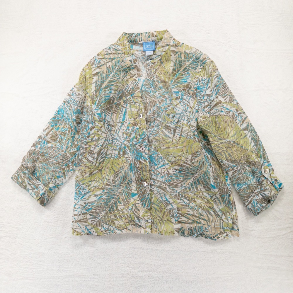 Lark Lane Shirt Sz 10 Green Blue Tropical Palm Button Up 3/4 Sleeve Burnout